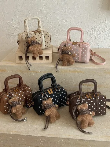 Women Polka Dot Boston Bag PU Leather Top Handle Handbag Small Crossbody Shoulder Bag With Bear Charm Urban Fashion Lady Daily Bag