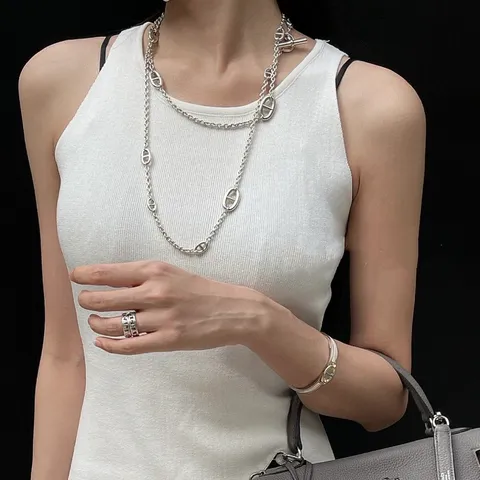 Collier Long en Acier Titane avec Fermoir OT Nez de Cochon Chaîne de Pull Bijoux de Mode Minimalistes pour Femmes Hommes