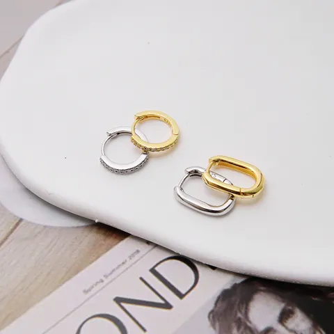 Boucles d'Oreilles Créoles en Argent Sterling 925 pour Femme Minimalistes Géométriques Ovales Cercle Strass Or Argent Bijoux d'Oreille Mode Premium