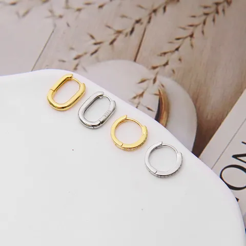 Boucles d'Oreilles Créoles en Argent Sterling 925 pour Femme Minimalistes Géométriques Ovales Cercle Strass Or Argent Bijoux d'Oreille Mode Premium