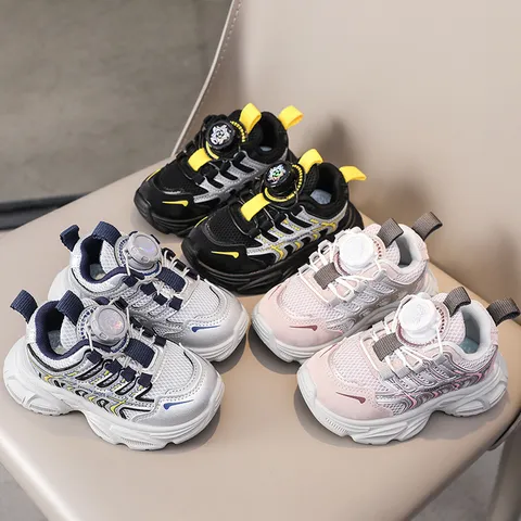 Kids Sports Shoes 2026 New Boys And Girls Mesh Breathable Dad Shoes Children Running Shoes With Rotating Buckle