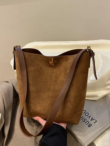 Damen Vintage Wildleder Eimer Tasche Grosse Kapazität Tote Umhängetasche Retro PU Leder Crossbody Tasche Mode Pendler Handtasche