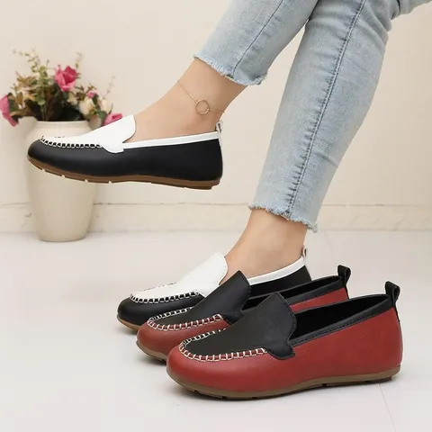 Damen Casual Farbblock Nähen Loafer Flache Weiche Sohle Slip On Lässige Tägliche Gehschuhe PU Leder
