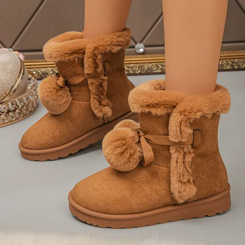 Women's Short Snow Boots Winter Warm Thickened Plush Bow Pom-Platform Cotton Shoes Casual Sweet Footwear