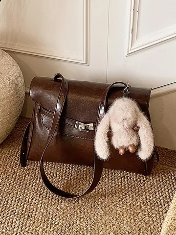 Damen Mode PU Leder Top Griff Umhängetasche Klassisches Schloss Verschluss Handtasche Mit Süßem Kaninchen Anhänger