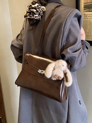 Damen Mode PU Leder Top Griff Umhängetasche Klassisches Schloss Verschluss Handtasche Mit Süßem Kaninchen Anhänger
