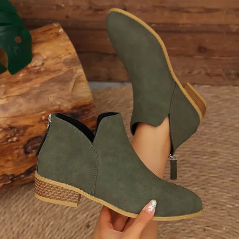 Damen Britischer Stil Einfarbig Spitze Zehe Casual Schlupf Niedriger Klobiger Absatz Mode Stiefel Stiefeletten