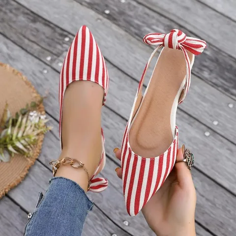 Women Red White Striped Pointed Toe Flat Shoes Casual Slingback Bow Rhinestone Summer Closed-Toe Sandals