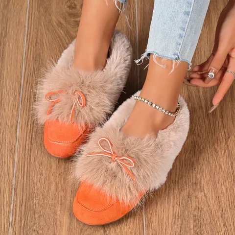 Botas de Nieve de Invierno Cálidas de Peluche para Mujer con Cuello de Piel Sintética Zapatos Casuales Planos Color Sólido Lindo Lazo Zapatos de Algodón Slip-On