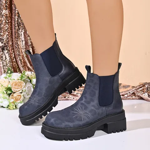 Damen Retro Leo Chelsea Stiefel Klobige Plateau Flacher Absatz Kurze Stiefel Englischer Stil Mode Stiefel Freizeitschuhe