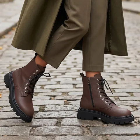 Women's Vintage Martin Boots Thick Platform Lace-Up Side Zipper Short Booties British Style Synthetic Leather Footwear