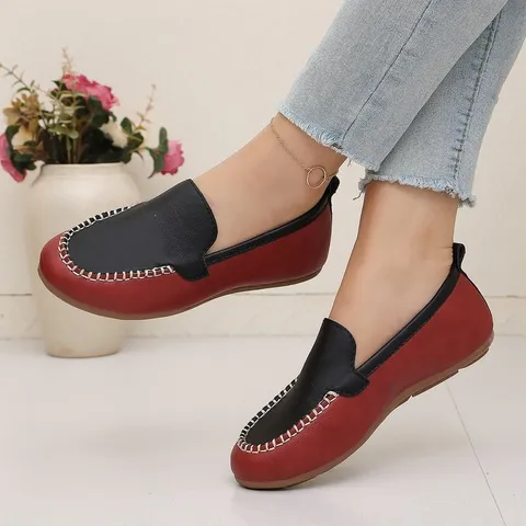 Damen Casual Farbblock Nähen Loafer Flache Weiche Sohle Slip On Lässige Tägliche Gehschuhe PU Leder