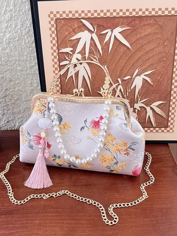 Chinoiserie Blumen Stickerei Muschel Tasche Perlen Besetzt Quaste Abendtasche Metall Kette Handtasche Vintage Chic Damen Geldbörse