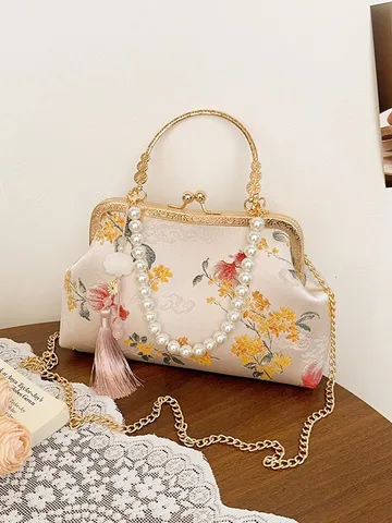 Chinoiserie Blumen Stickerei Muschel Tasche Perlen Besetzt Quaste Abendtasche Metall Kette Handtasche Vintage Chic Damen Geldbörse
