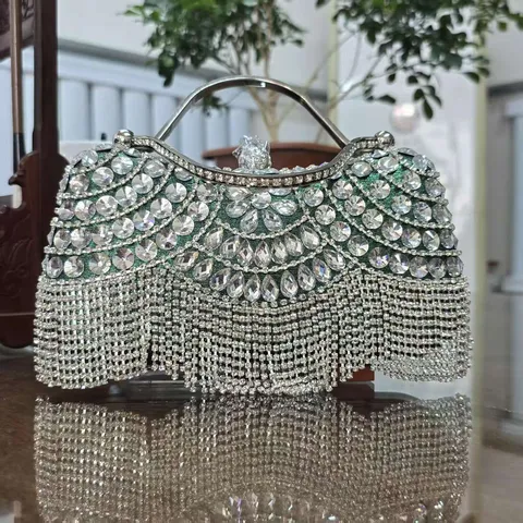 Luxus Strass Abendtasche Damen Satin Kristall Quaste Clutch Metallgriff Hochzeit Party Umhängetasche