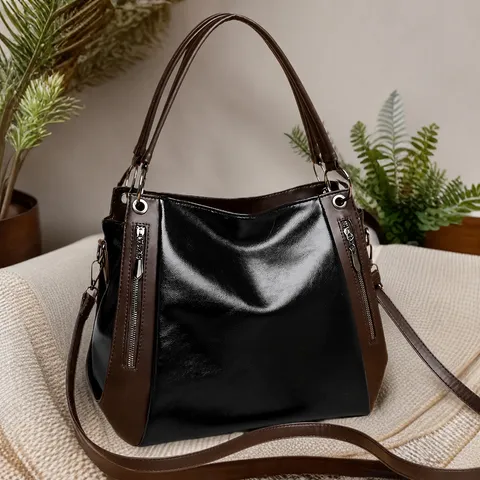 Damen Vintage PU Leder Tragetasche Große Kapazität Lässige Pendler Handtasche Farbeblock Umhängetasche