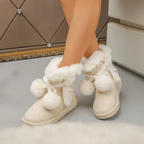 Women's Short Snow Boots Winter Warm Thickened Plush Bow Pom-Platform Cotton Shoes Casual Sweet Footwear