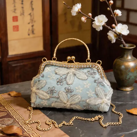 Neue Chinesische Stil Blumenstickerei Abendtasche Damen Vintage Metallschloss Kette Umhängetasche Clutch