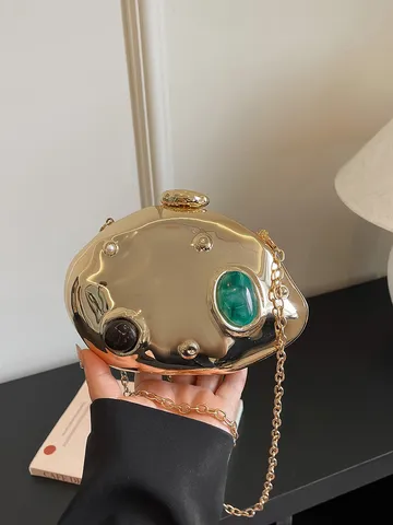 Luxus Metall Abendtasche Für Damen Unregelmäßige Flüssige Clutch Mit Kette Edelstein Inlay Party Handtasche