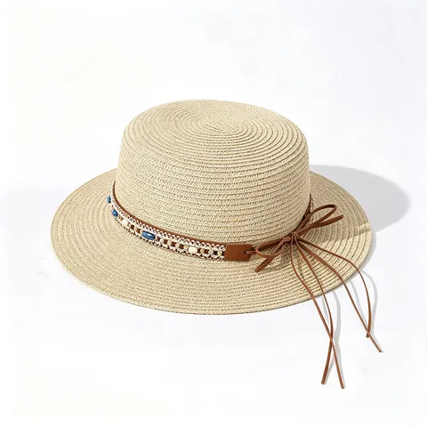 Ethnic Style Flat Top Straw Hat For Women Men Summer Beach Sun Hat Paper Straw Boater Hat With Tassel Shell Decoration Travel Sunshade Cap