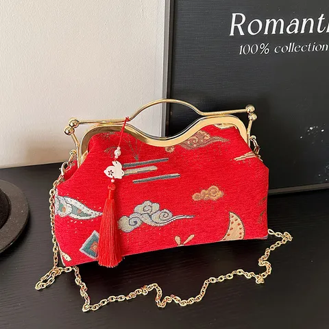 Damen Chinesischer Stil Bestickte Brokat Umhängetasche Vintage Blumen Quaste Abendhandtasche Metall Kette Tasche