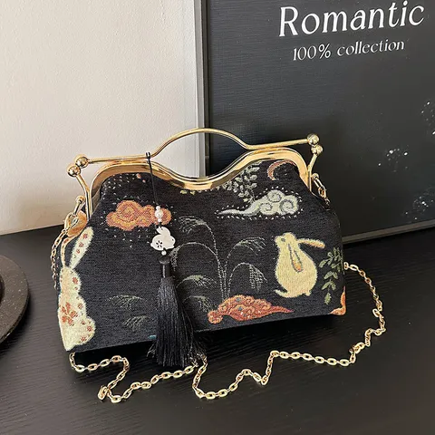 Damen Chinesischer Stil Bestickte Brokat Umhängetasche Vintage Blumen Quaste Abendhandtasche Metall Kette Tasche