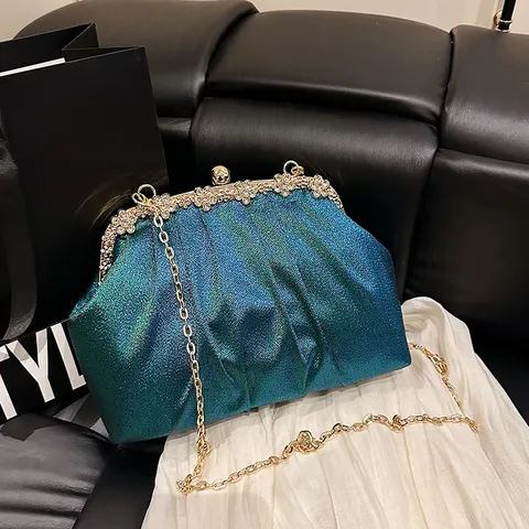 Damen Abendtasche Strass Kuss-Verschluss Clutch Metallic Plissiert Kette Umhängetasche Für Party Hochzeit