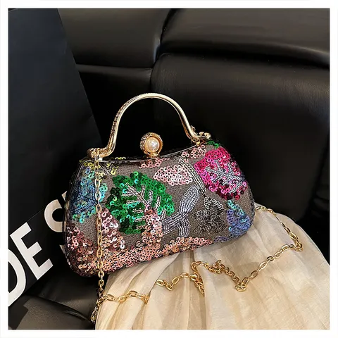 Vintage Damen Pailletten Abendtasche Metallgriff Perlenverschluss Clutch Umhängetasche Bankett Party Handtasche