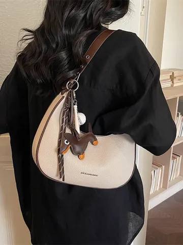 Damen Mode PU Leder Achseltasche Casual Halbmond Hobo Handtasche Koreanischer Stil Einfarbig Einzelne Umhängetasche