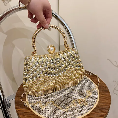 Γυναικείο Strass Βραδινή Τσάντα Πολυτελείας Κρύσταλλο Clutch Τσάντα Με Αλυσίδα Φούντα Πέρλα Κλειδαριά Γάμος Πάρτι Τσάντα Ώμου