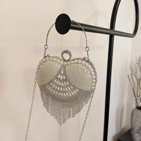 Herzförmige Abendtasche Strass Perle Clutch Tasche Metallring Griff Umhängetasche Für Damen Bankett Party