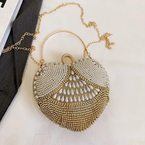 Herzförmige Abendtasche Strass Perle Clutch Tasche Metallring Griff Umhängetasche Für Damen Bankett Party