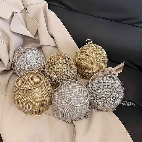 Luxus Strass Ball Abendtasche Damen Glitzernde Kristall Clutch Geldbörsen Mit Quaste Rundem Metallgriff Und Kettenriemen
