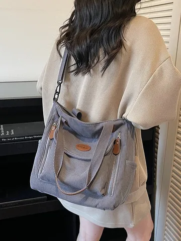 Damen Kord Tote Bag Große Kapazität Casual Schulter Handtasche Pendeln Einofarbig Shopper Bag Mit Reißverschluss