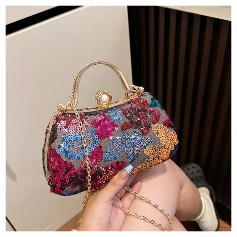 Vintage Damen Pailletten Abendtasche Metallgriff Perlenverschluss Clutch Umhängetasche Bankett Party Handtasche
