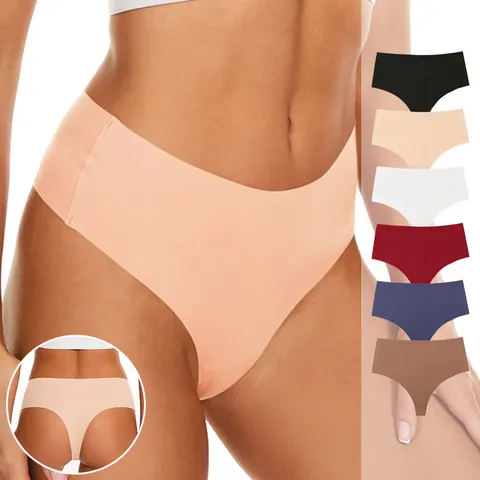 Seamless Women Ice Silk Thong Underwear Mid Waist Breathable Cotton Crotch T-Back Briefs For Sports Fitness Daily Panties