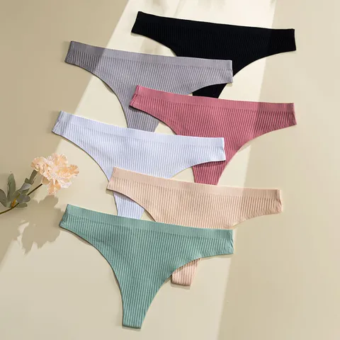 Women's Seamless Ribbed Thong Breathable Low Waist Nylon Cotton Crotch T-Back Panties For Daily Comfort Solid Color