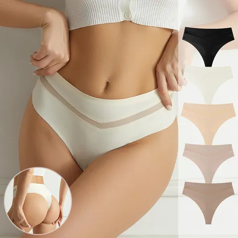 Seamless Ice Silk Thong For Women Mid Waist V-Mesh Patchwork T-Back Panties For Yoga Sport Breathable Invisible Underwear