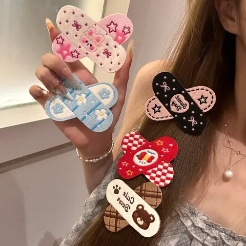 Cartoon Band-aid Shape Embroidered Hair Clips For Women Girls Cute Animal Bear Rabbit Stars Bow Pattern Bangs Organizing Hairpins