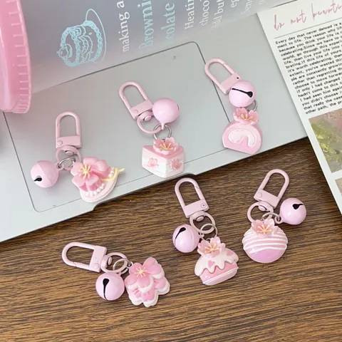 Cute Cherry Blossom Dessert Bell Keychain Sweet Cartoon Resin Cake Flower Bag Pendant Student Everyday Accessory