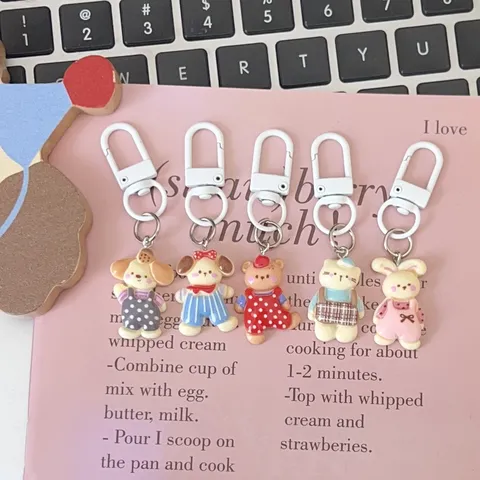Cute Cartoon Animal Resin Keychain Polka Dot Overalls Bear Rabbit Cat Pendant Retro Backpack Accessory