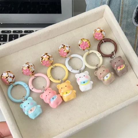 Cute Cartoon Bear Keychain 3D Bib Bear Bell Bag Pendant Resin Alloy Student Bag Charm Key Ring Gift