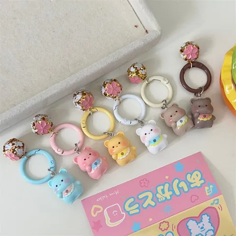 Cute Cartoon Bear Keychain 3D Bib Bear Bell Bag Pendant Resin Alloy Student Bag Charm Key Ring Gift