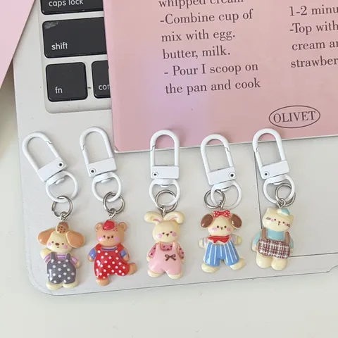 Cute Cartoon Animal Resin Keychain Polka Dot Overalls Bear Rabbit Cat Pendant Retro Backpack Accessory