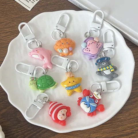 Cute Resin Marine Animal Keychain Shell Starfish Turtle Crab Dolphin Key Chain Cartoon Bag Pendant Student Gift