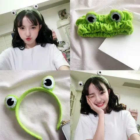 Lindo Diadema de Felpa de Rana Verde Cinta para el Cabello Lavado de Cara Accesorios de Cabello de Animales de Dibujos Animados para Mujeres