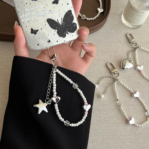 Stile Ins Coreano Perla Fiocco Ciondolo Cuore Argento Portachiavi Catena Telefono Grazioso Ciondolo Borsa Regalo Gioiello