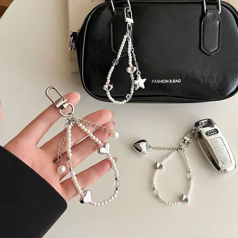 Stile Ins Coreano Perla Fiocco Ciondolo Cuore Argento Portachiavi Catena Telefono Grazioso Ciondolo Borsa Regalo Gioiello