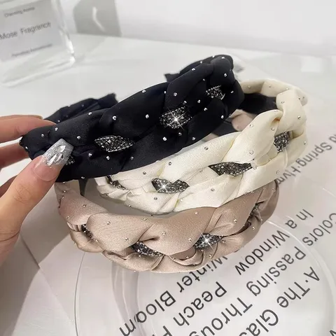 Diadema Trenzada de Corona Alta para Mujer Elegante Tela de Satén Strass Accesorios para el Cabello