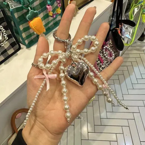 Moda Coreana Perla Artificiale Fiocco Ciondolo Borsa Portachiavi Donna Ciondolo Borsa